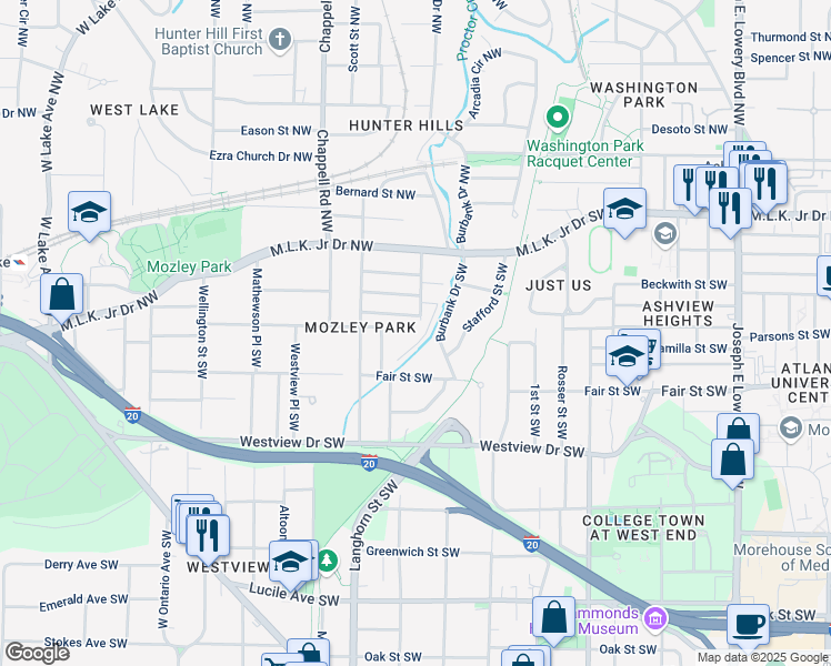 map of restaurants, bars, coffee shops, grocery stores, and more near 151 Rockmart Drive Southwest in Atlanta