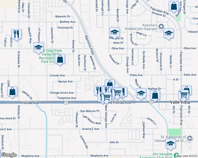 map of restaurants, bars, coffee shops, grocery stores, and more near 25544 Sharp Drive in Hemet