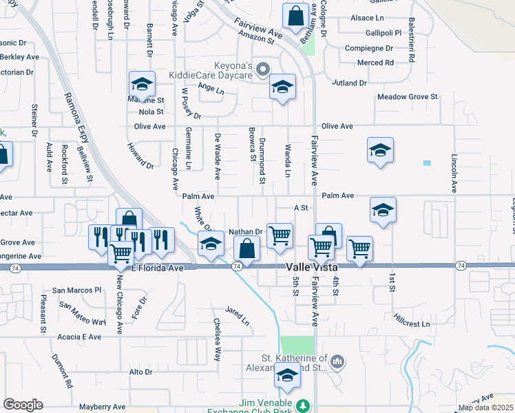 map of restaurants, bars, coffee shops, grocery stores, and more near 25507 Christopher Court in Hemet