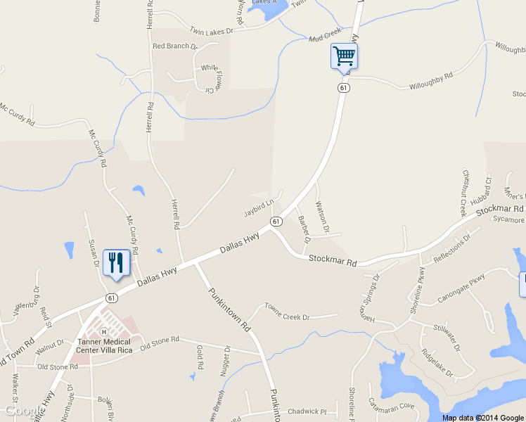 map of restaurants, bars, coffee shops, grocery stores, and more near 60 Jaybird Ln in Villa Rica