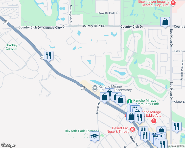 map of restaurants, bars, coffee shops, grocery stores, and more near 71305 West Thunderbird Terrace in Rancho Mirage