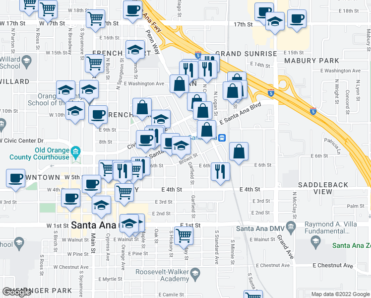 map of restaurants, bars, coffee shops, grocery stores, and more near 617 North Garfield Street in Santa Ana