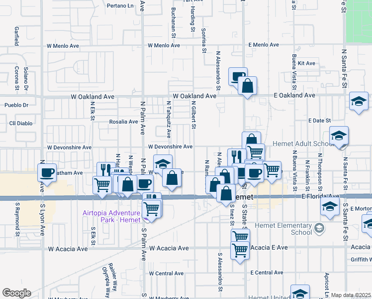 map of restaurants, bars, coffee shops, grocery stores, and more near 28 North Tahquitz Avenue in Hemet