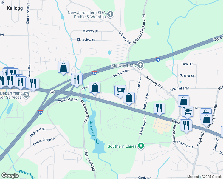map of restaurants, bars, coffee shops, grocery stores, and more near 1038 Castanea Drive in Douglasville