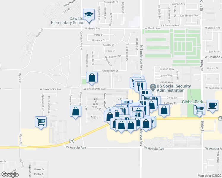 map of restaurants, bars, coffee shops, grocery stores, and more near 3800 Devonshire Avenue in Hemet