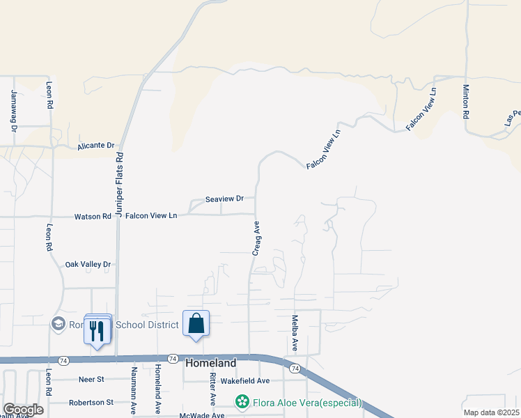 map of restaurants, bars, coffee shops, grocery stores, and more near Creag Avenue in Homeland