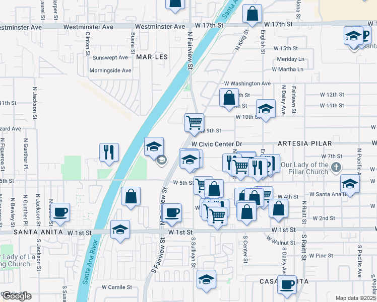 map of restaurants, bars, coffee shops, grocery stores, and more near 711 North Fairview Street in Santa Ana