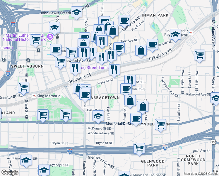 map of restaurants, bars, coffee shops, grocery stores, and more near 127 Short Street Southeast in Atlanta