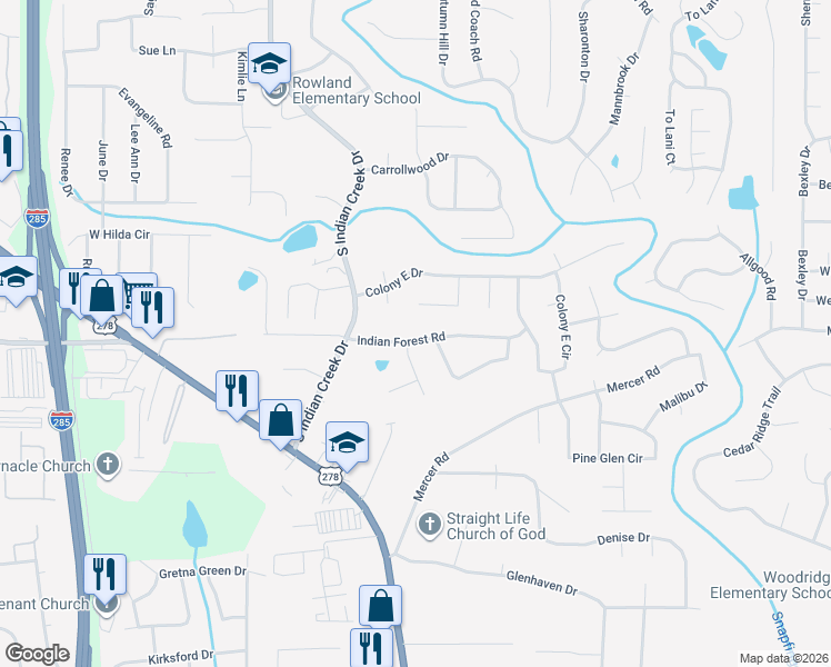 map of restaurants, bars, coffee shops, grocery stores, and more near 4200 Indian Forest Road in Stone Mountain