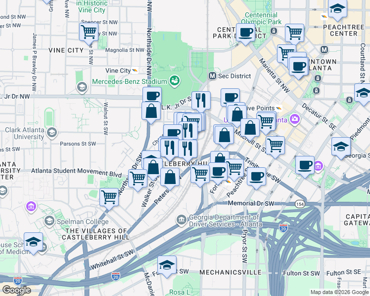 map of restaurants, bars, coffee shops, grocery stores, and more near 376 Nelson Street Southwest in Atlanta