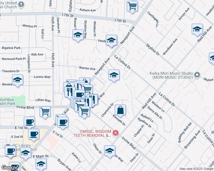 map of restaurants, bars, coffee shops, grocery stores, and more near 12720 Newport Avenue in Tustin