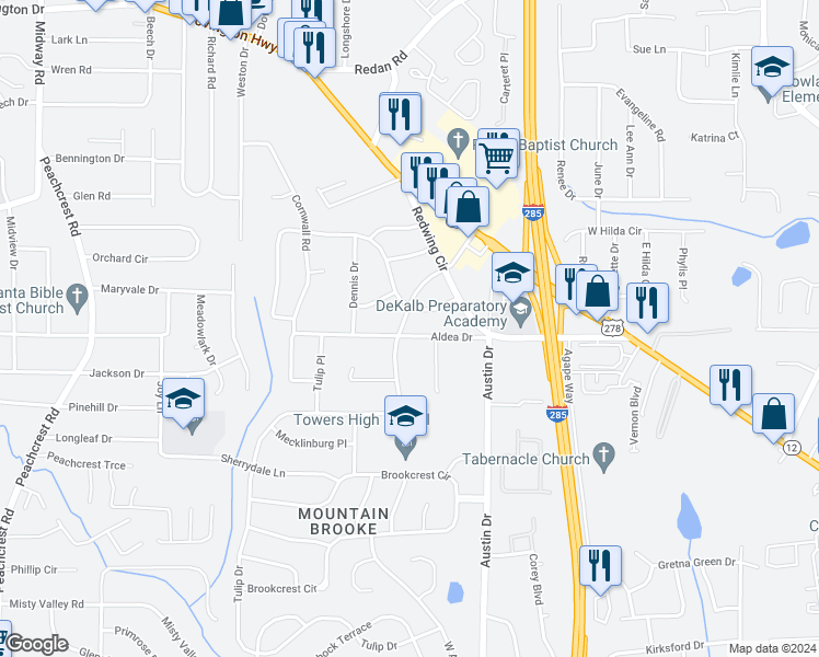 map of restaurants, bars, coffee shops, grocery stores, and more near 1432 West Austin Road in Decatur