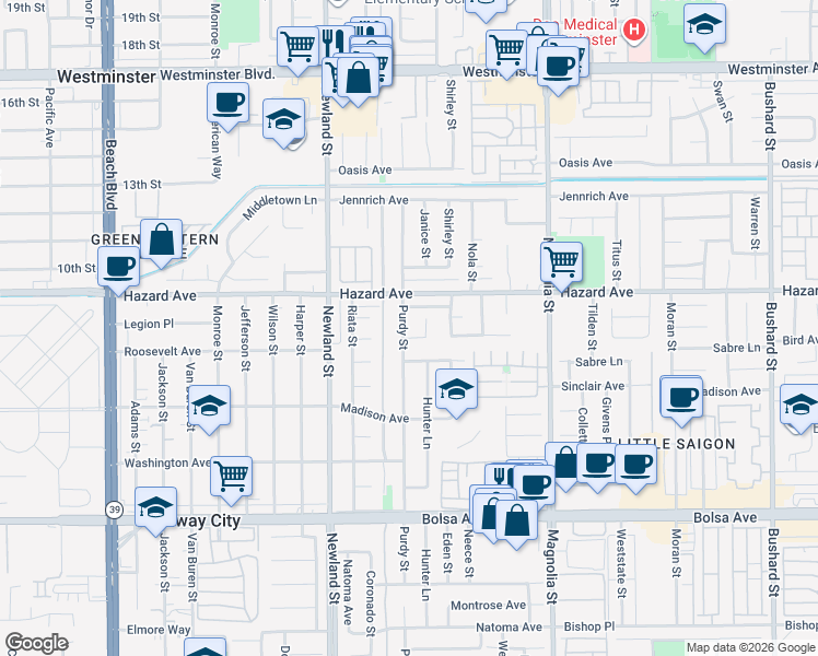 map of restaurants, bars, coffee shops, grocery stores, and more near 14572 Purdy Street in Midway City