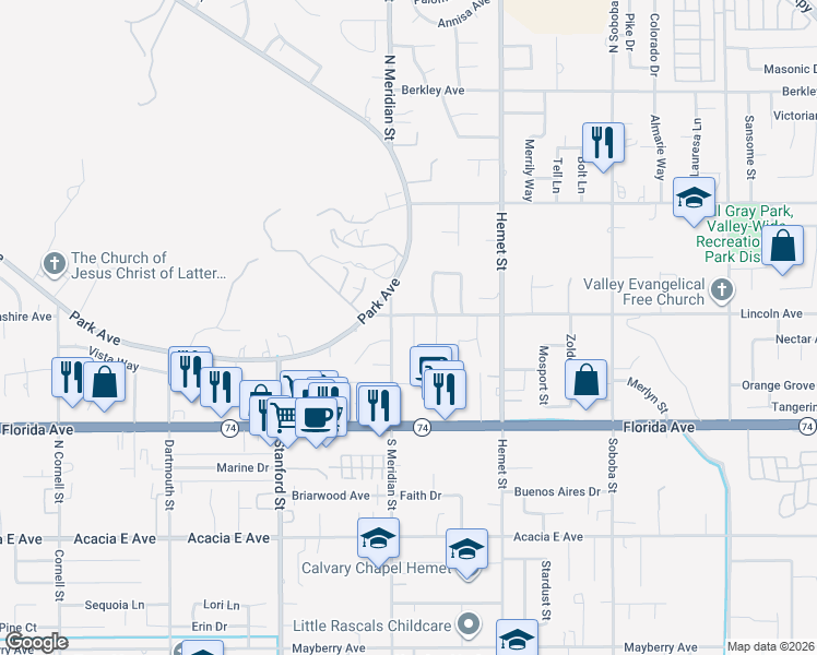 map of restaurants, bars, coffee shops, grocery stores, and more near 281 Eastwood Place in Hemet