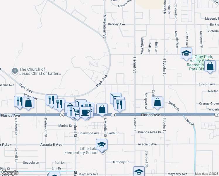 map of restaurants, bars, coffee shops, grocery stores, and more near 281 Eastwood Place in Hemet