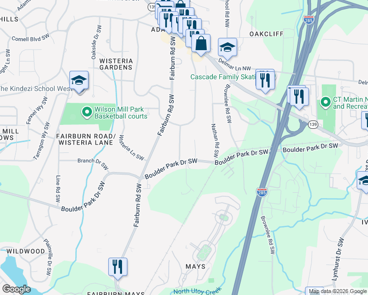 map of restaurants, bars, coffee shops, grocery stores, and more near 263 Boulder Park Lane Southwest in Atlanta