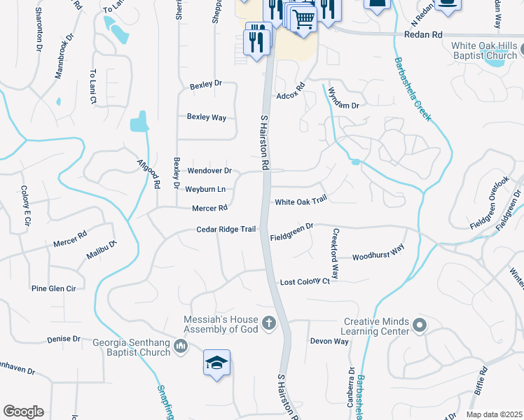 map of restaurants, bars, coffee shops, grocery stores, and more near 1491 South Hairston Road in Stone Mountain