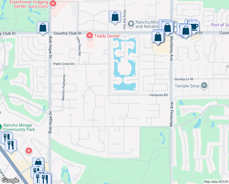 map of restaurants, bars, coffee shops, grocery stores, and more near 83 Lakeshore Drive in Rancho Mirage