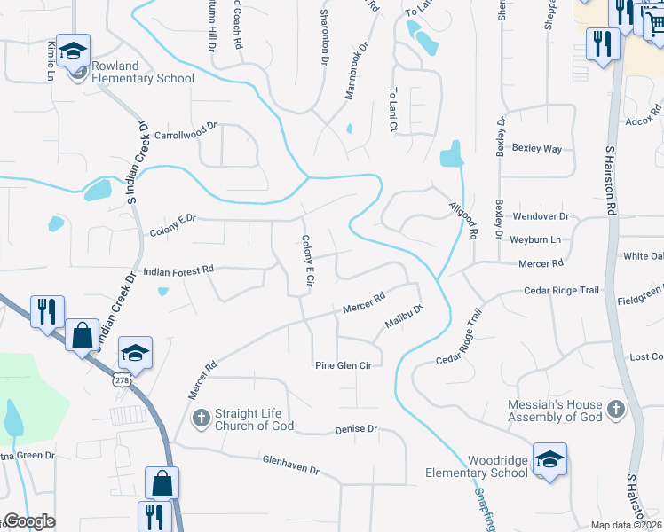 map of restaurants, bars, coffee shops, grocery stores, and more near 1430 High Meadow Drive in Stone Mountain