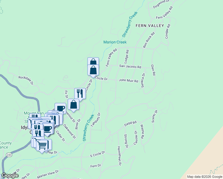 map of restaurants, bars, coffee shops, grocery stores, and more near 55350 South Circle Drive in Idyllwild-Pine Cove