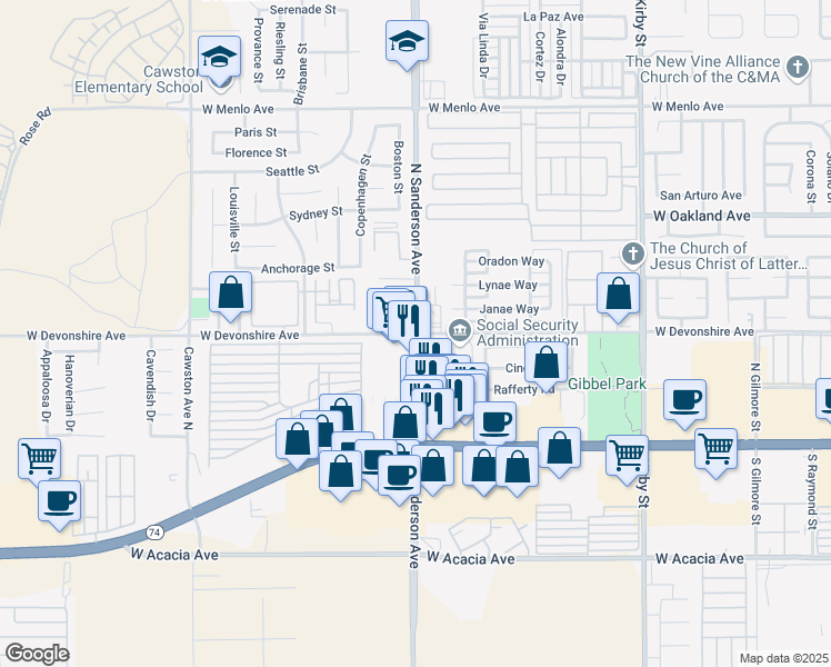 map of restaurants, bars, coffee shops, grocery stores, and more near N Sanderson Ave & Devonshire Ave in Hemet