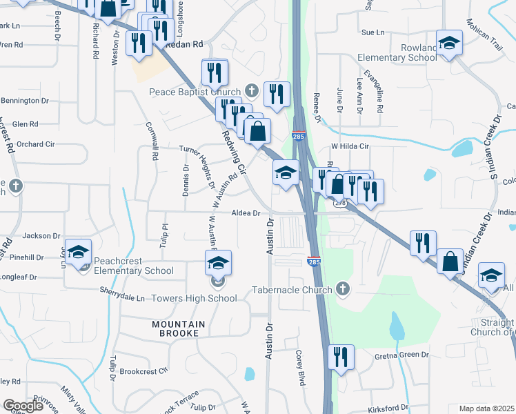 map of restaurants, bars, coffee shops, grocery stores, and more near 3803 Turner Heights Drive in Decatur