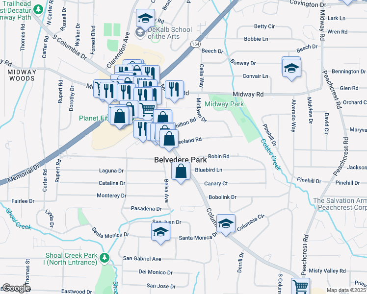 map of restaurants, bars, coffee shops, grocery stores, and more near 3076 Leeland Road in Decatur