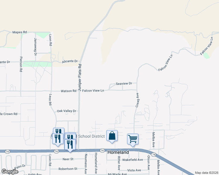 map of restaurants, bars, coffee shops, grocery stores, and more near Skunk Street in Homeland