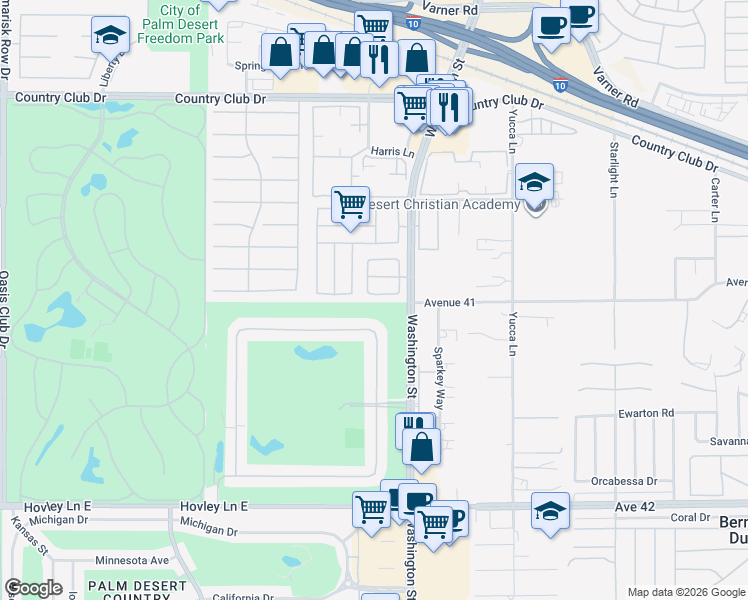 map of restaurants, bars, coffee shops, grocery stores, and more near 40785 Breezy Pass Road in Palm Desert