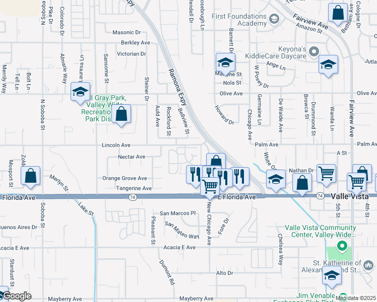 map of restaurants, bars, coffee shops, grocery stores, and more near 43211 Babcock Avenue in Hemet