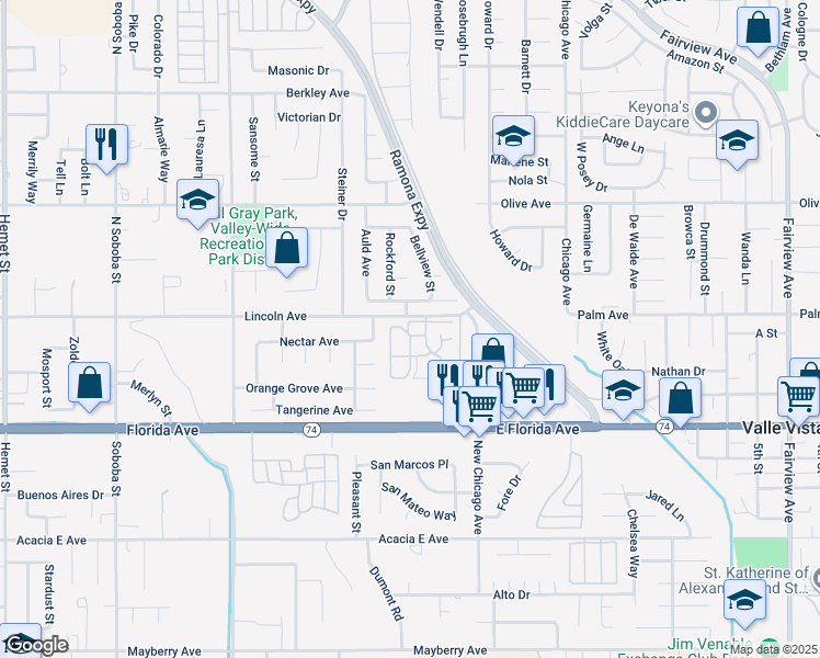 map of restaurants, bars, coffee shops, grocery stores, and more near 43117 Babcock Avenue in Hemet
