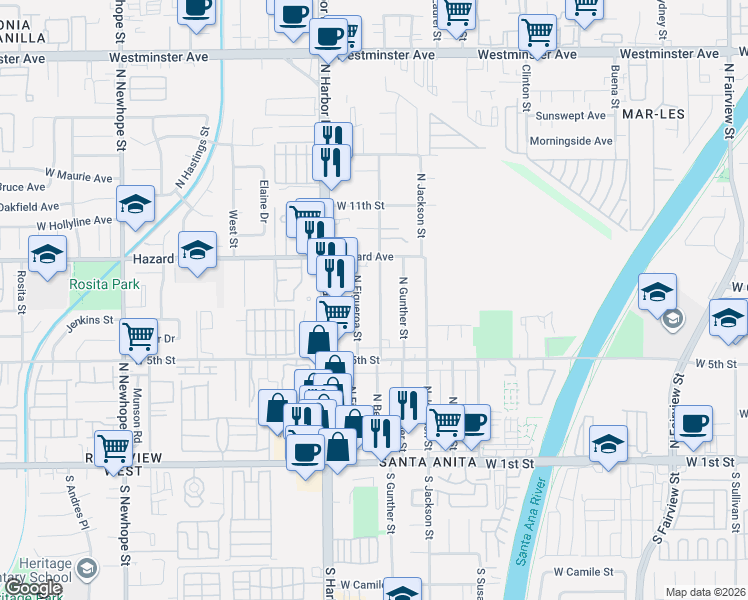 map of restaurants, bars, coffee shops, grocery stores, and more near 722 North Bewley Street in Santa Ana