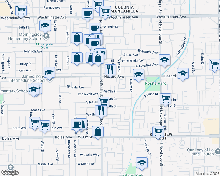 map of restaurants, bars, coffee shops, grocery stores, and more near 5026 Hazard Avenue in Santa Ana