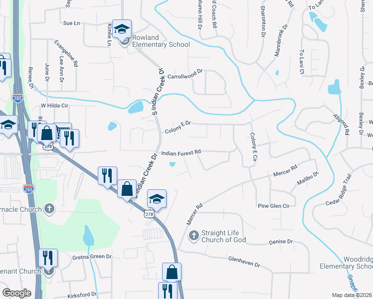 map of restaurants, bars, coffee shops, grocery stores, and more near 4200 Indian Forest Road in Stone Mountain
