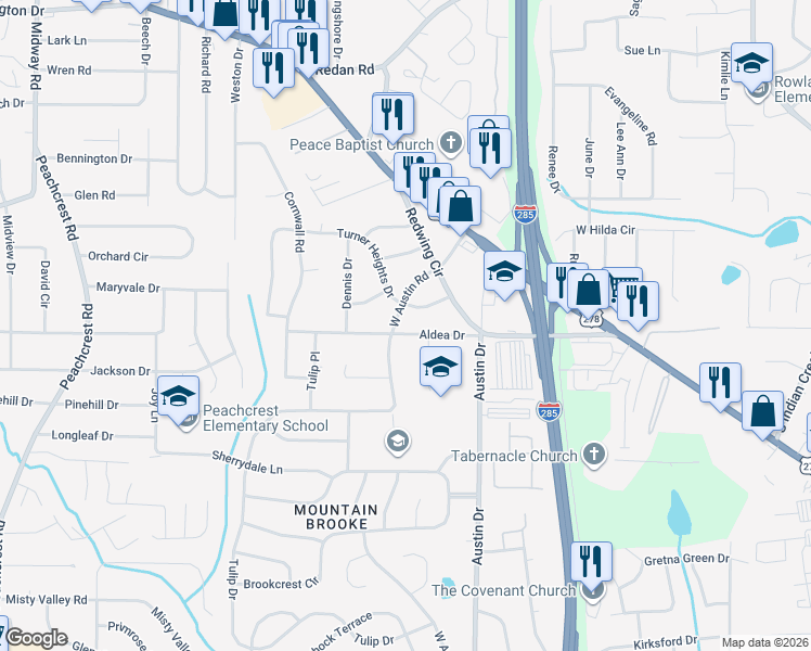 map of restaurants, bars, coffee shops, grocery stores, and more near 1432 West Austin Road in Decatur