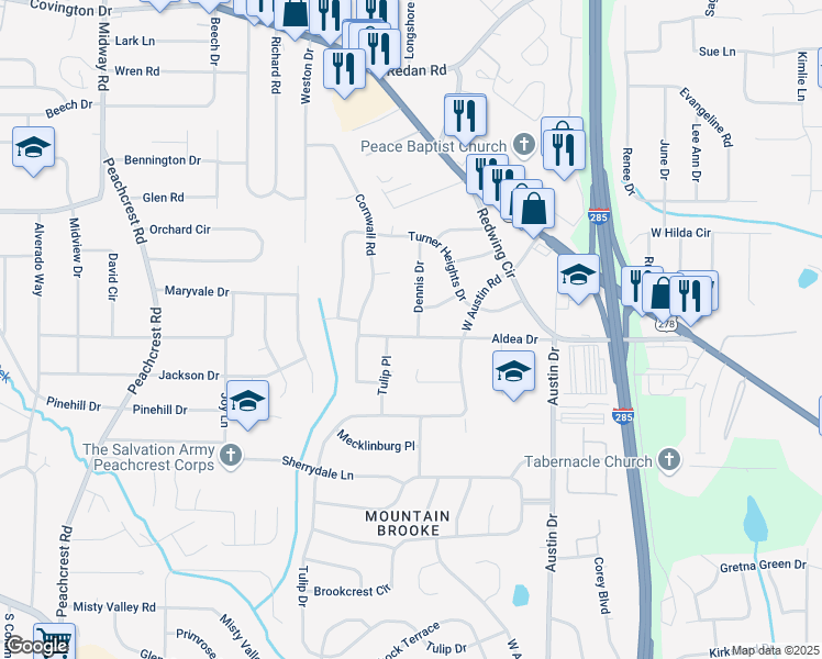 map of restaurants, bars, coffee shops, grocery stores, and more near 1433 Dennis Drive in Decatur