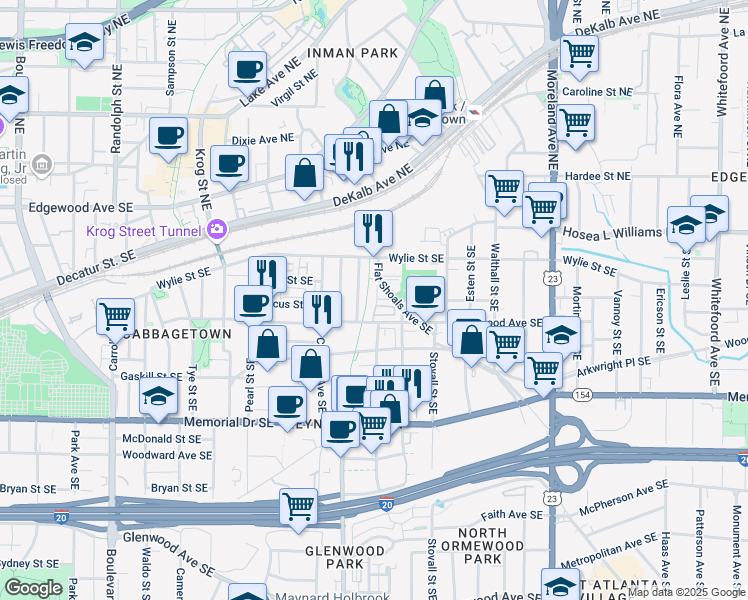 map of restaurants, bars, coffee shops, grocery stores, and more near 129 Stein Steel Street Southeast in Atlanta
