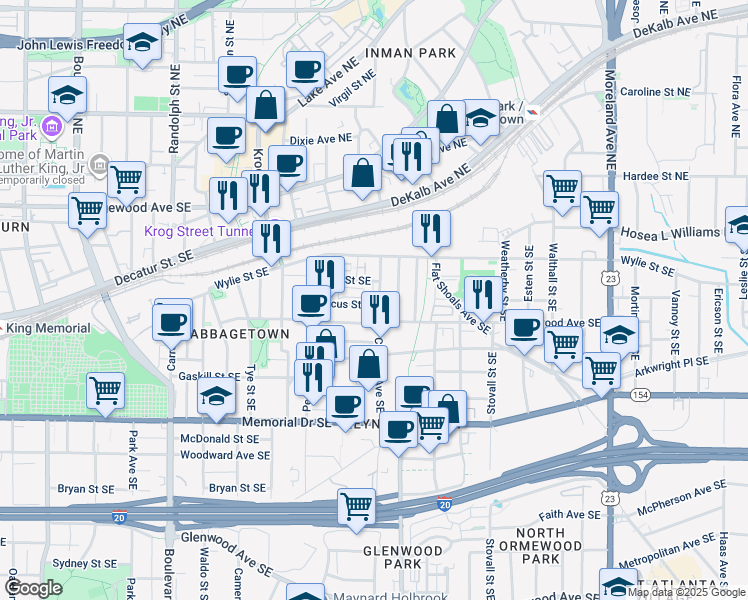 map of restaurants, bars, coffee shops, grocery stores, and more near 109 Chester Avenue Southeast in Atlanta