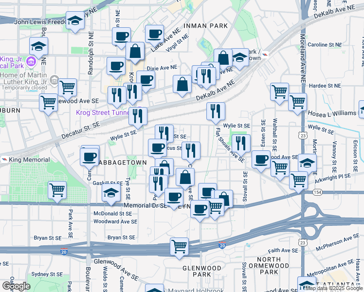 map of restaurants, bars, coffee shops, grocery stores, and more near 802 Marcus Street Southeast in Atlanta