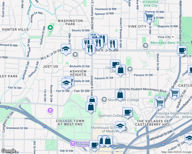 map of restaurants, bars, coffee shops, grocery stores, and more near 111 Ozone Street Southwest in Atlanta