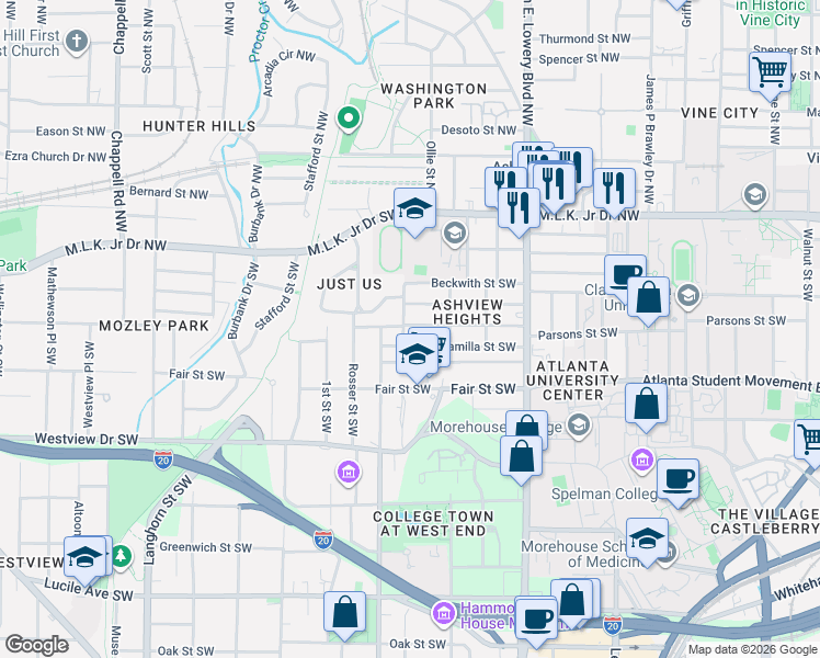 map of restaurants, bars, coffee shops, grocery stores, and more near 1024 Palmetto Avenue Southwest in Atlanta