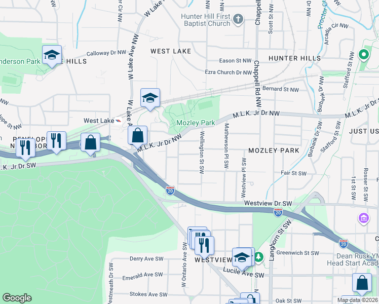 map of restaurants, bars, coffee shops, grocery stores, and more near 1590 Mozley Place Southwest in Atlanta