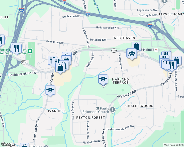 map of restaurants, bars, coffee shops, grocery stores, and more near 2832 Emeral Court Southwest in Atlanta