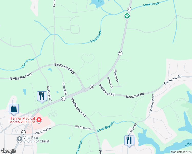 map of restaurants, bars, coffee shops, grocery stores, and more near 60 Jaybird Lane in Villa Rica