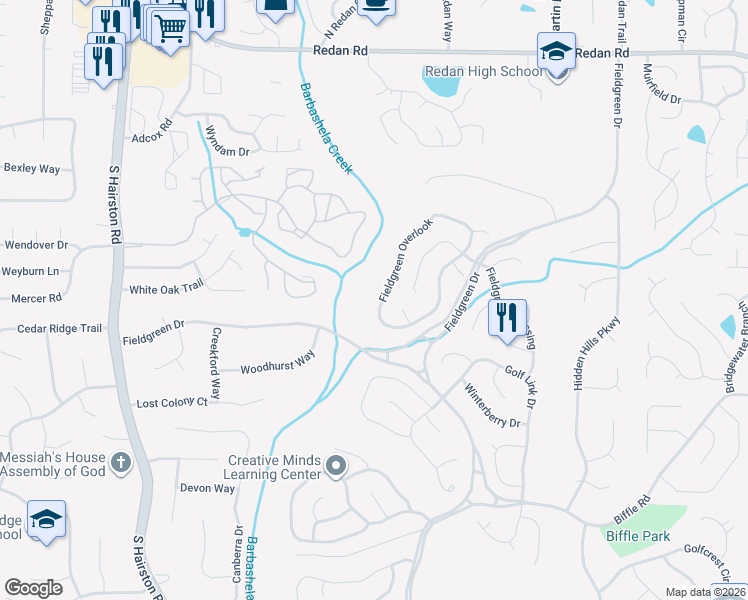 map of restaurants, bars, coffee shops, grocery stores, and more near 1553 Fieldgreen Overlook in Stone Mountain
