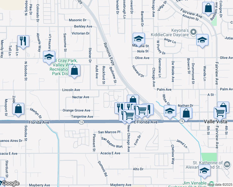 map of restaurants, bars, coffee shops, grocery stores, and more near 25564 Sharp Drive in Hemet