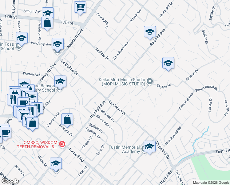 map of restaurants, bars, coffee shops, grocery stores, and more near 1522 Oakhill Court in Santa Ana
