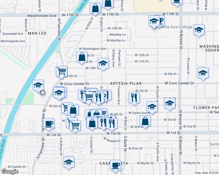 map of restaurants, bars, coffee shops, grocery stores, and more near 723 North Townsend Street in Santa Ana