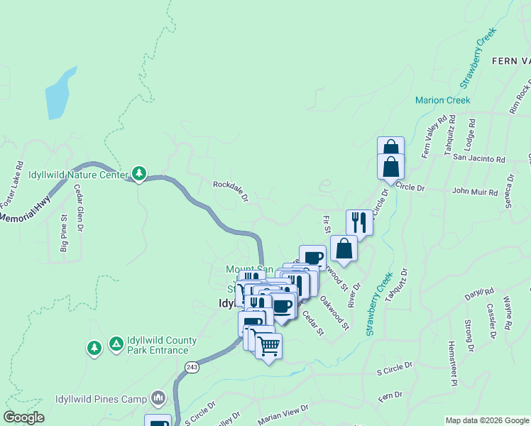 map of restaurants, bars, coffee shops, grocery stores, and more near 54360 Rockdale Drive in Idyllwild-Pine Cove