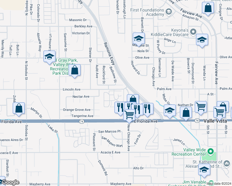 map of restaurants, bars, coffee shops, grocery stores, and more near 25564 Sharp Drive in Hemet